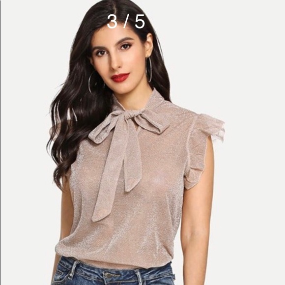 💎 TIE NECK RUFFLE ARMHOLES GLITTER TOP S,M 💎 - Picture 2 of 8